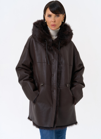Женская двухсторонняя дубленка с капюшоном