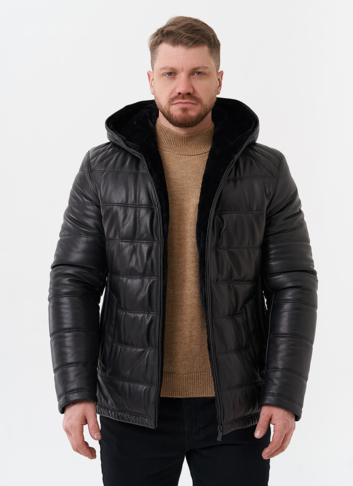 Пуховик из натуральной кожи с отделкой из мутона