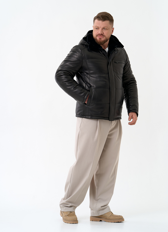 Мужской пуховик из натуральной кожи с капюшоном модель № 32048 в кредит