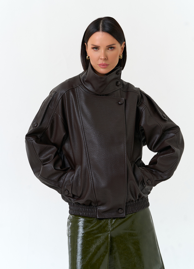 Женская куртка из эко кожи с воротником стойкой модель № 33144 меха малина