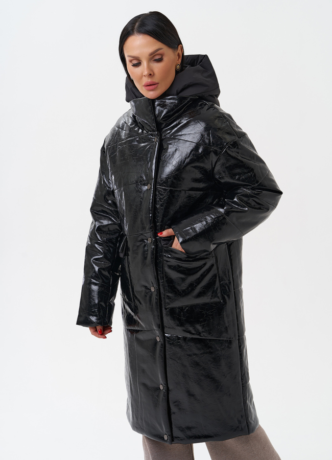 фото Женский пуховик из эко кожи с капюшоном модель № 28686