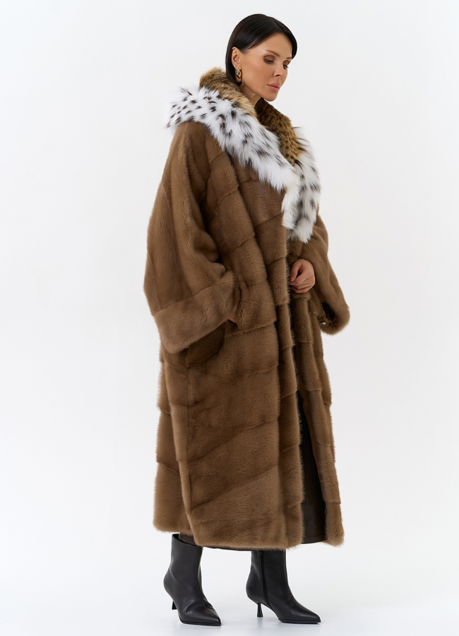 Шуба из меха норки с капюшоном из меха рыси модель № 31871 универмаг малина