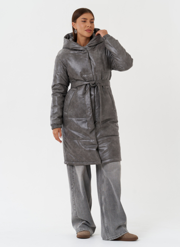 Пуховик из эко кожи с капюшоном