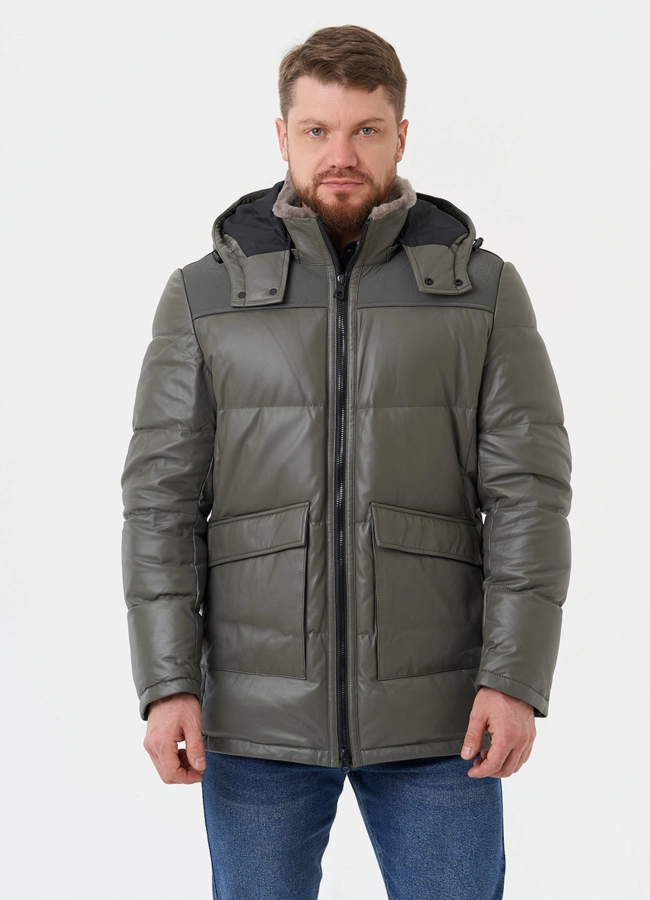 Кожаная куртка с капюшоном модель № 28576 меха малина