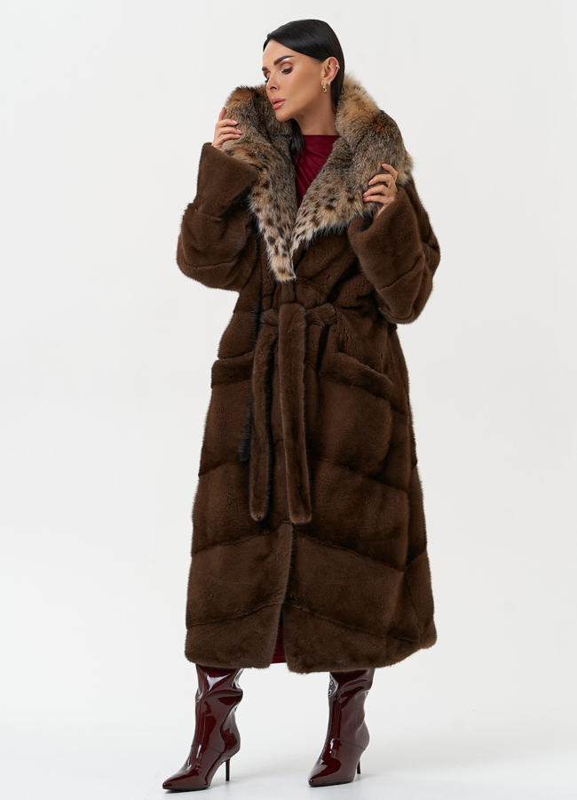 фото Женская шуба из меха норки с капюшоном из меха рыси модель № 31159