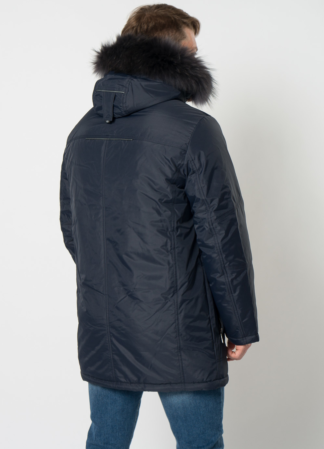 Полупальто мужское синего цвета с отделкой из енота модель № 21709 в кредит