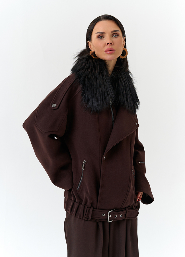 Женское укороченное пальто с отделкой из меха лисы модель № 32781 универмаг малина