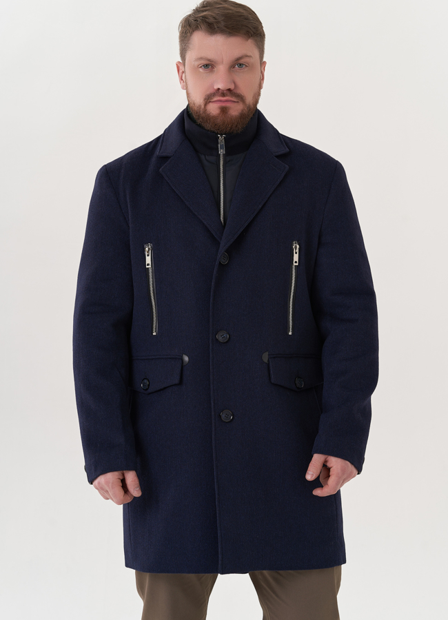 Мужское пальто синего цвета модель № 26861 меха малина