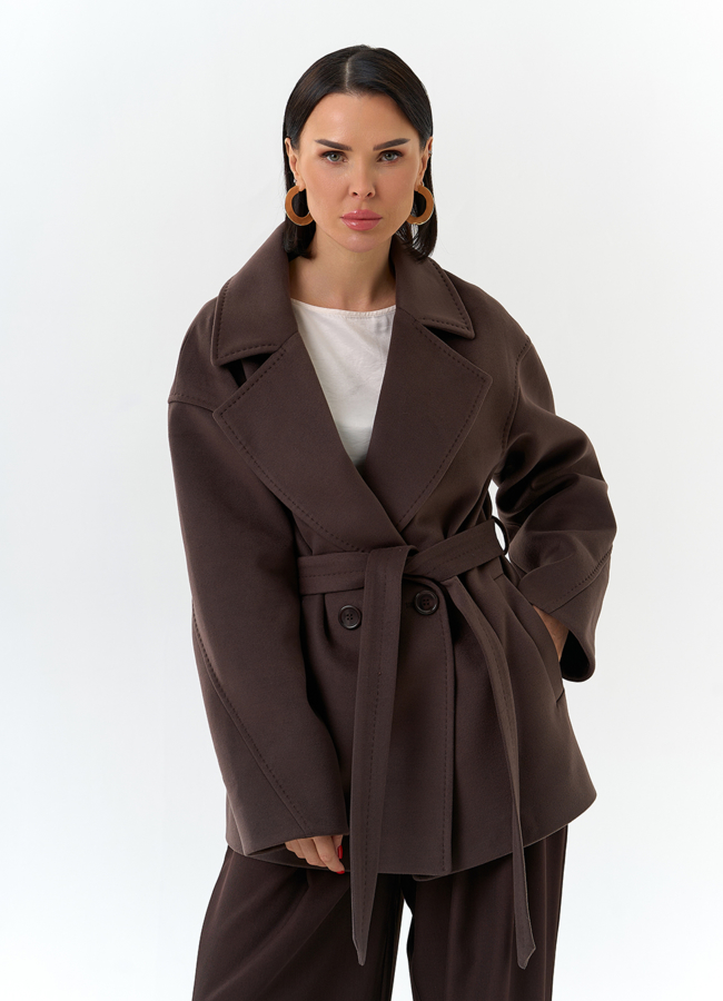 Женское укороченное пальто с поясом модель № 32683 меха малина