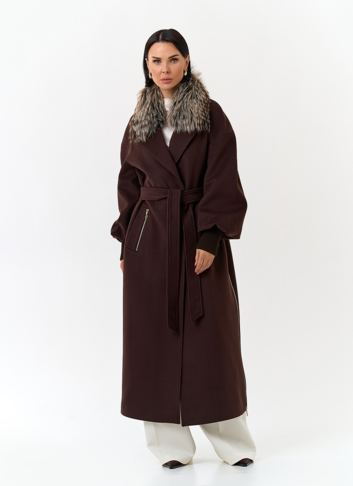 Женское длинное пальто с отделкой из меха лисы