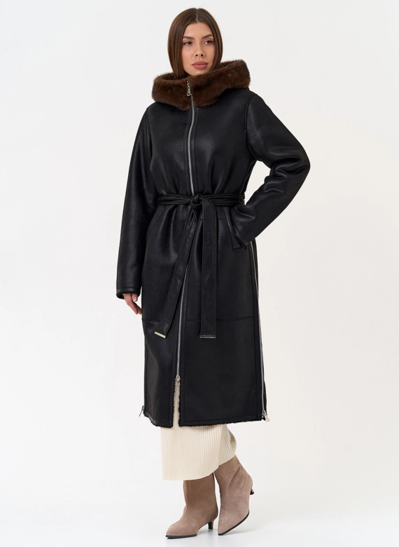 Женская дубленка из эко замши с поясом