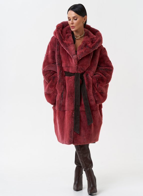 Шуба из меха кролика с капюшоном