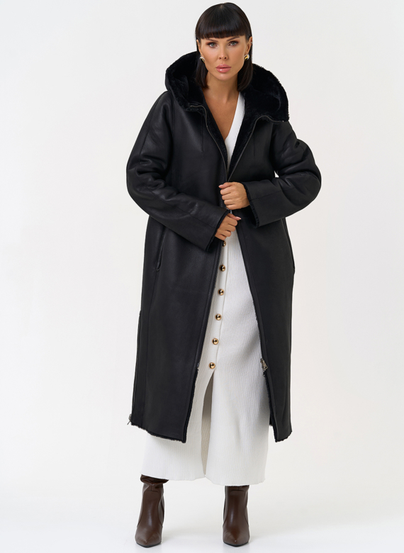 Натуральная двухсторонняя дубленка с капюшоном