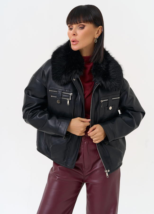Женская утепленная куртка из эко кожи черного цвета модель № 30703 универмаг малина