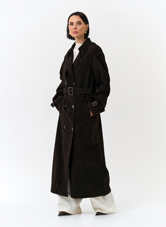 Женский длинный плащ из натуральной замши