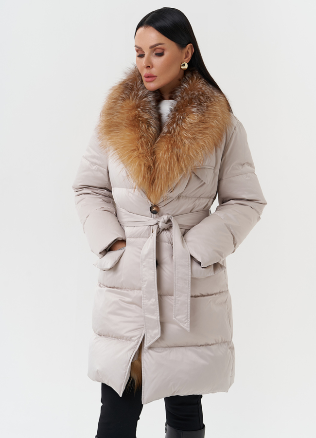 Женский пуховик с отделкой из меха лисы модель № 28569 универмаг малина