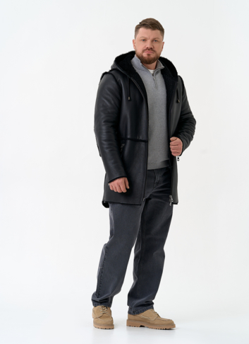 Мужская натуральная дубленка с капюшоном