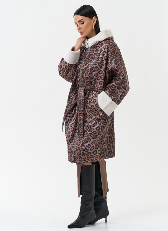 Женская дубленка из эко замши с поясом