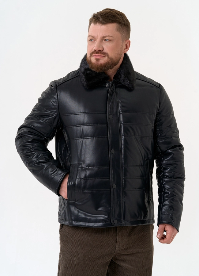 Пуховик из эко кожи с воротником стойкой модель № 31723 в кредит