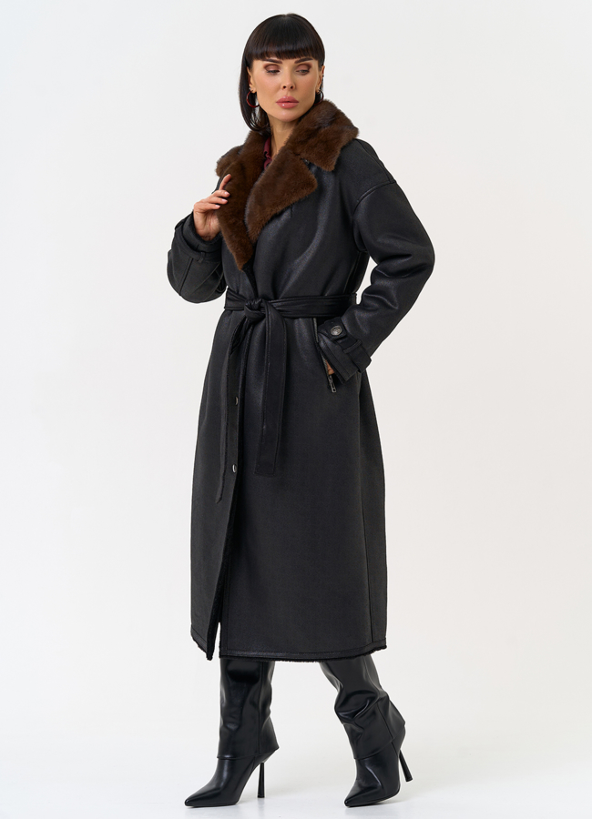 Женская дубленка из эко замши с английским воротником модель № 31507 универмаг малина