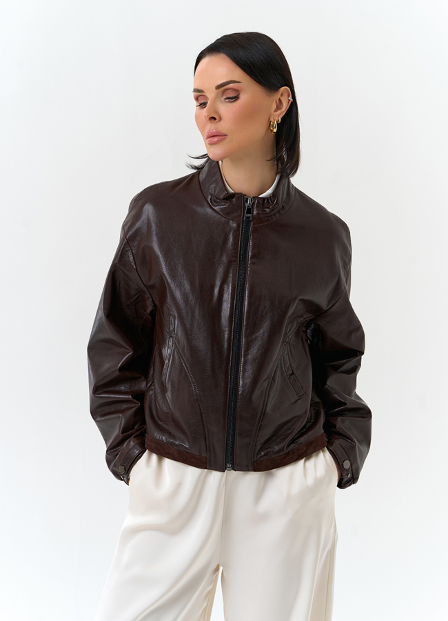 Женская короткая куртка из натуральной кожи модель № 32539 меха малина