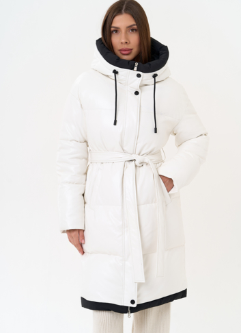 Белый пуховик из эко кожи с поясом