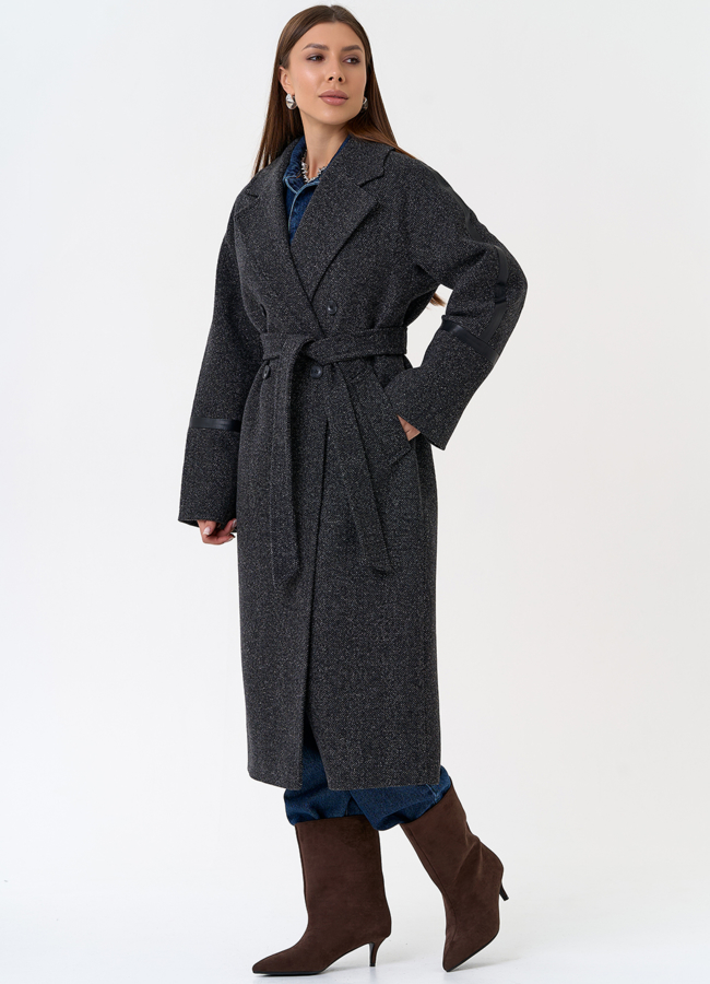 Женское пальто с отделкой из экокожи модель № 31336 универмаг малина