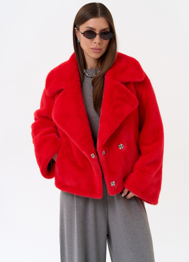 фото Куртка женская из эко меха в красном цвете модель № 31221