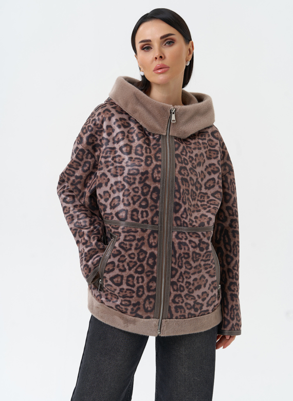 Женская дубленка из эко замши с капюшоном