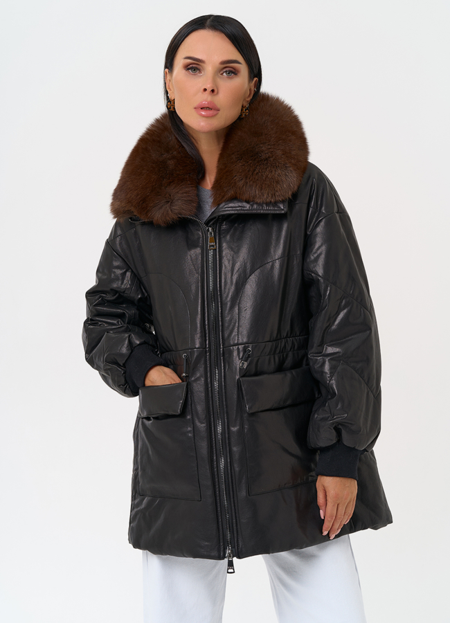 Полупальто из натуральной кожи с мехом песца модель № 21796 меха малина