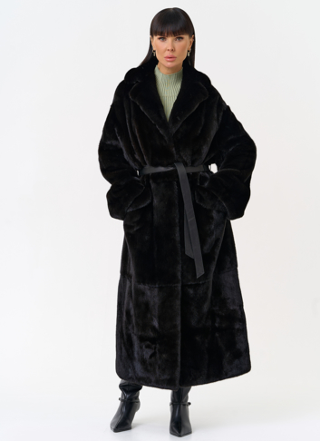 Длинная шуба из меха норки blackglama с поясом