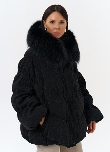 Женский блестящий пуховик с отделкой из меха чернобурки