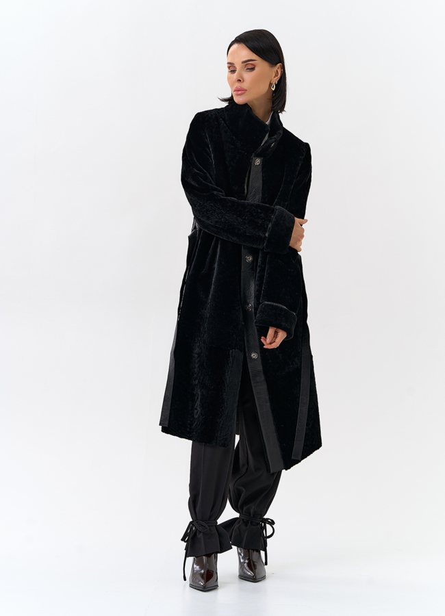 Женская двухсторонняя дубленка с поясом модель № 32198 универмаг малина