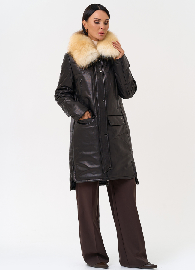 фото Кожаный пуховик с воротником из лисы модель № 19919