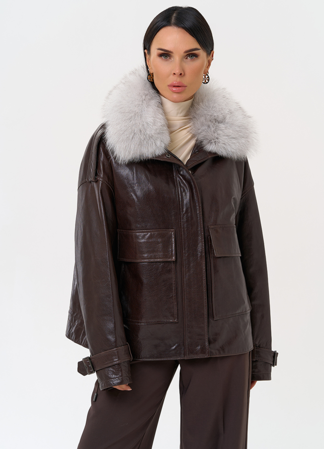 Короткий пуховик из натуральной кожи модель № 31371 меха малина