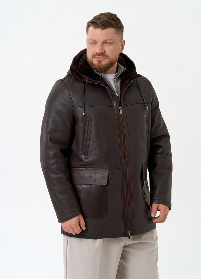 Мужская натуральная дубленка с капюшоном модель № 32059 универмаг малина