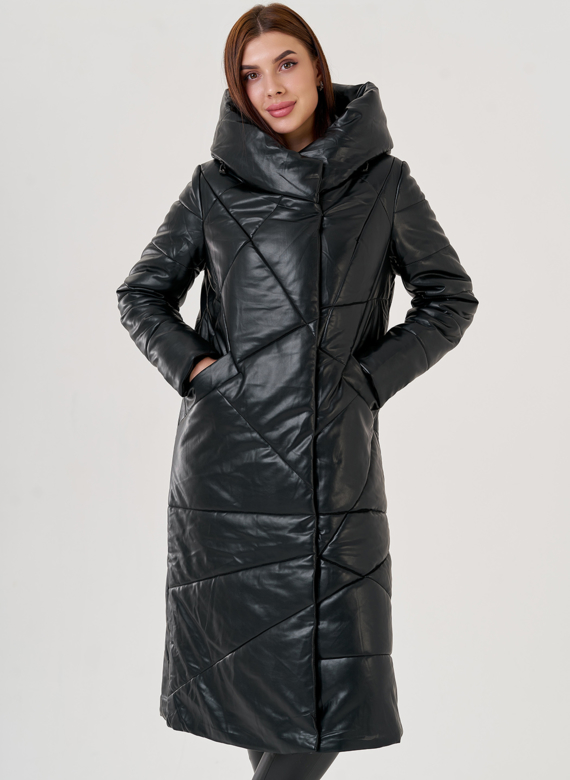 Черный длинный пуховик из эко кожи Malina Siberian