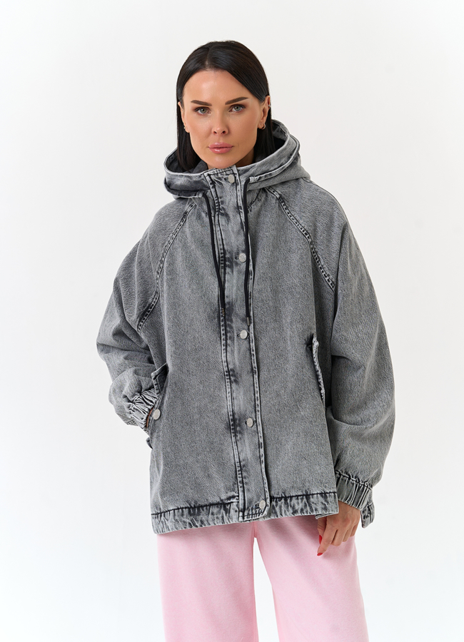 Женская джинсовая куртка с капюшоном модель № 33131 меха малина