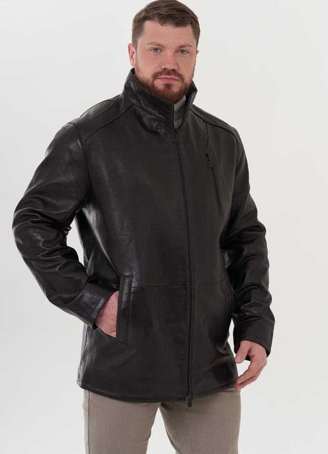 Кожаная куртка коричневого цвета модель № 26701 меха малина