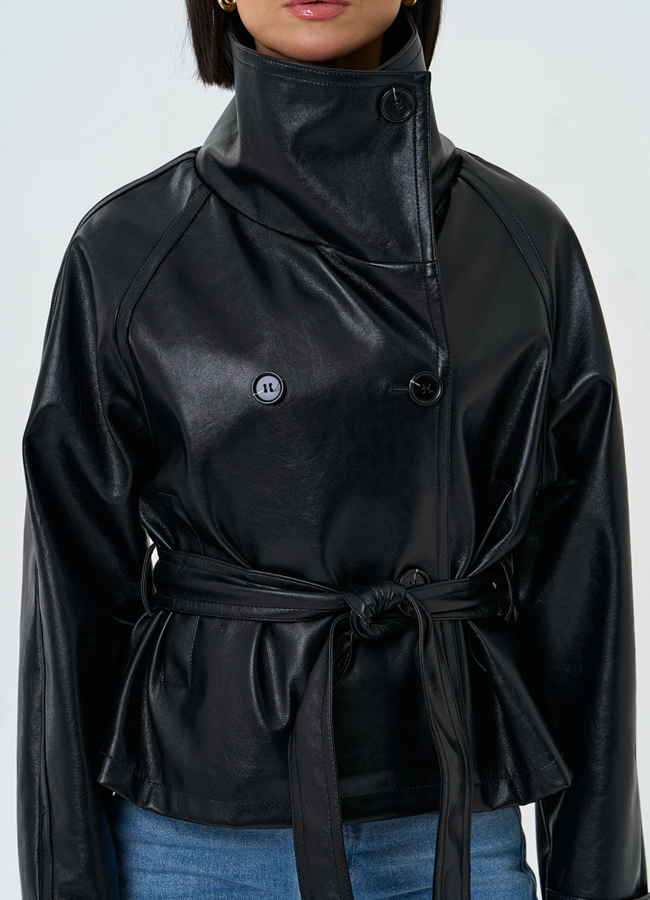 Женская куртка из эко кожи с поясом модель № 33145 универмаг малина